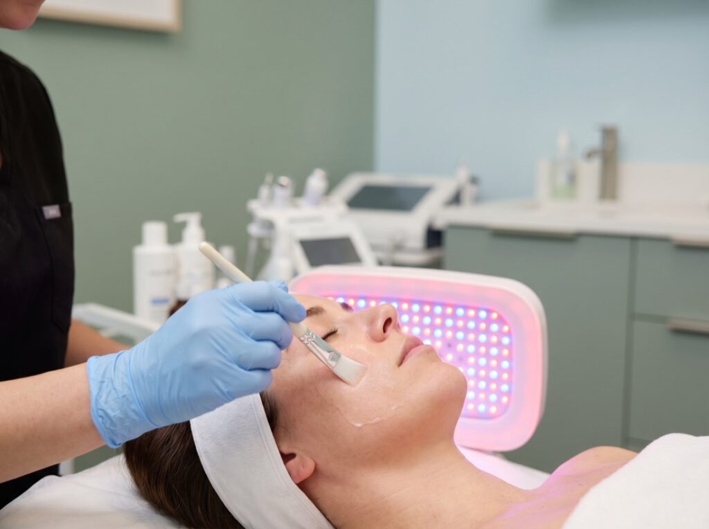 Chemical peel and LED light therapy for acne